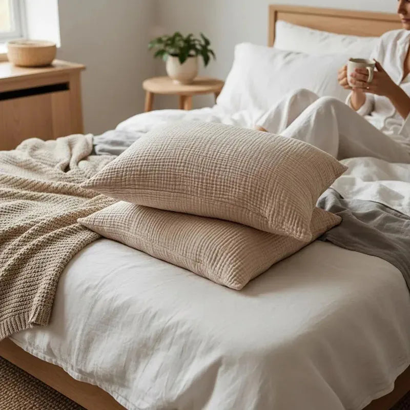 Housse de Coussin en Mousseline 100 % Coton Doux & Respirant – 5 Tailles & 12 Couleurs