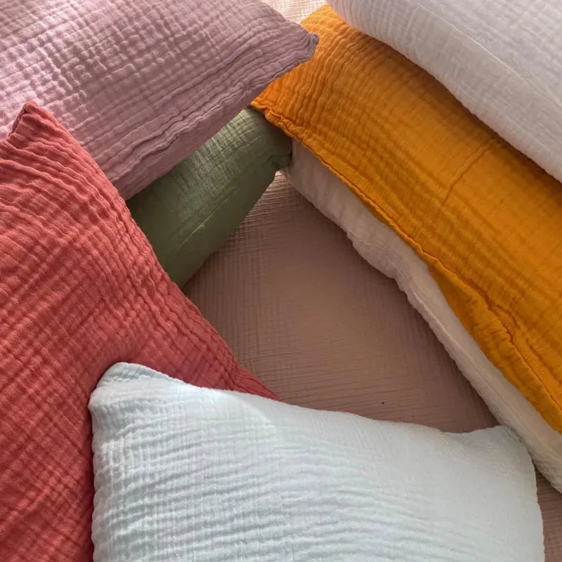 Housse de Coussin en Mousseline 100 % Coton Doux & Respirant – 5 Tailles & 12 Couleurs