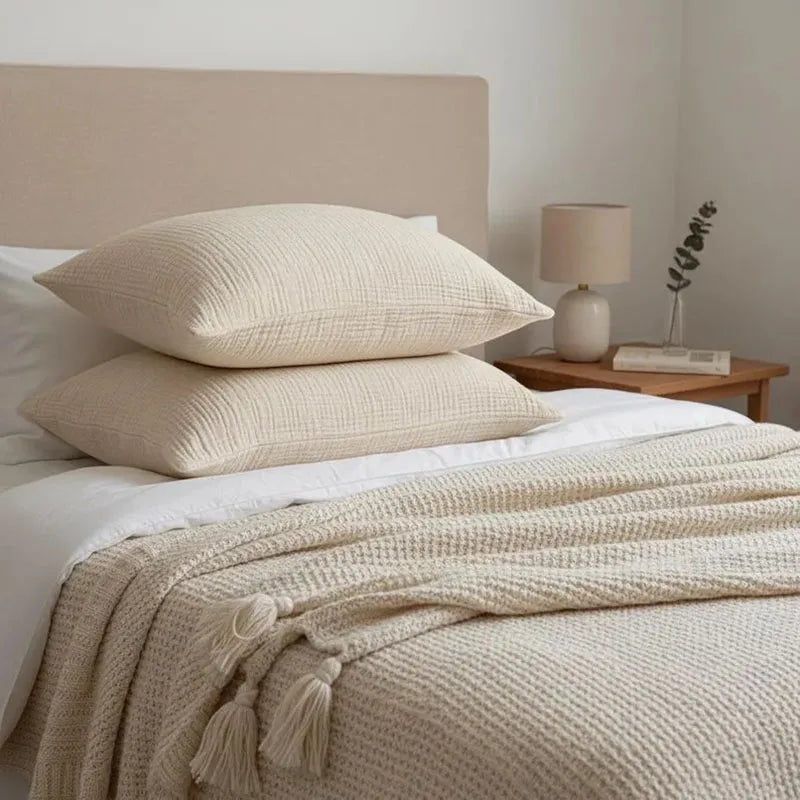 Housse de Coussin en Mousseline 100 % Coton Doux & Respirant – 5 Tailles & 12 Couleurs