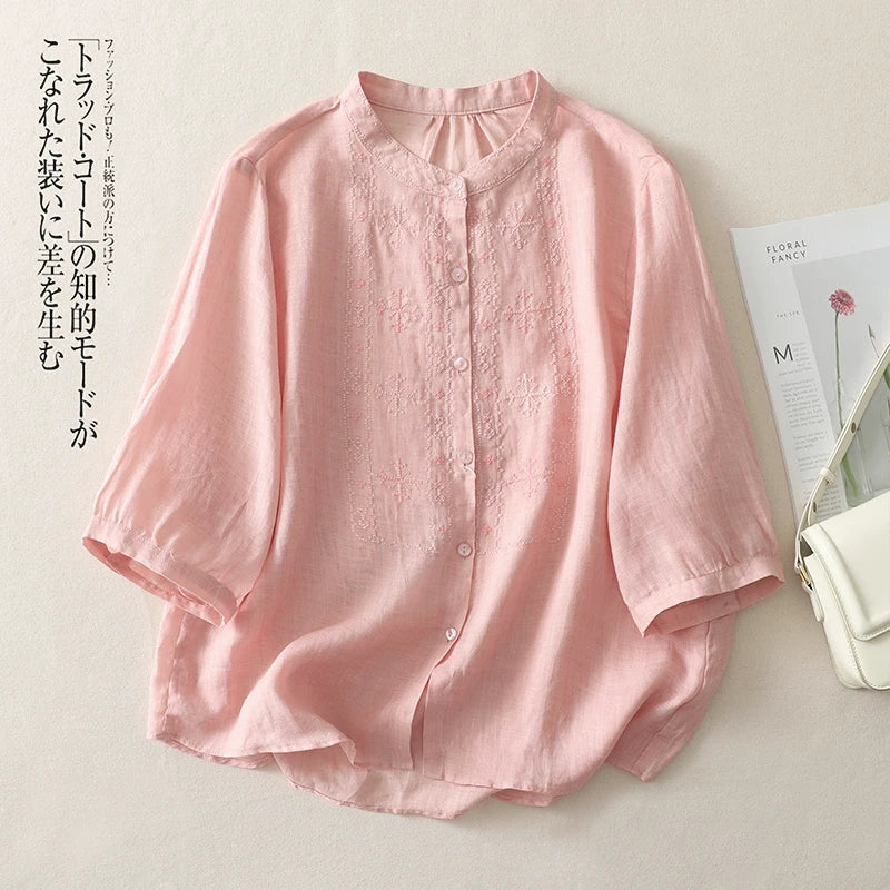 Chemise Col Mao Coupe Oversize en Coton & Lin Mi-Saison - Femme