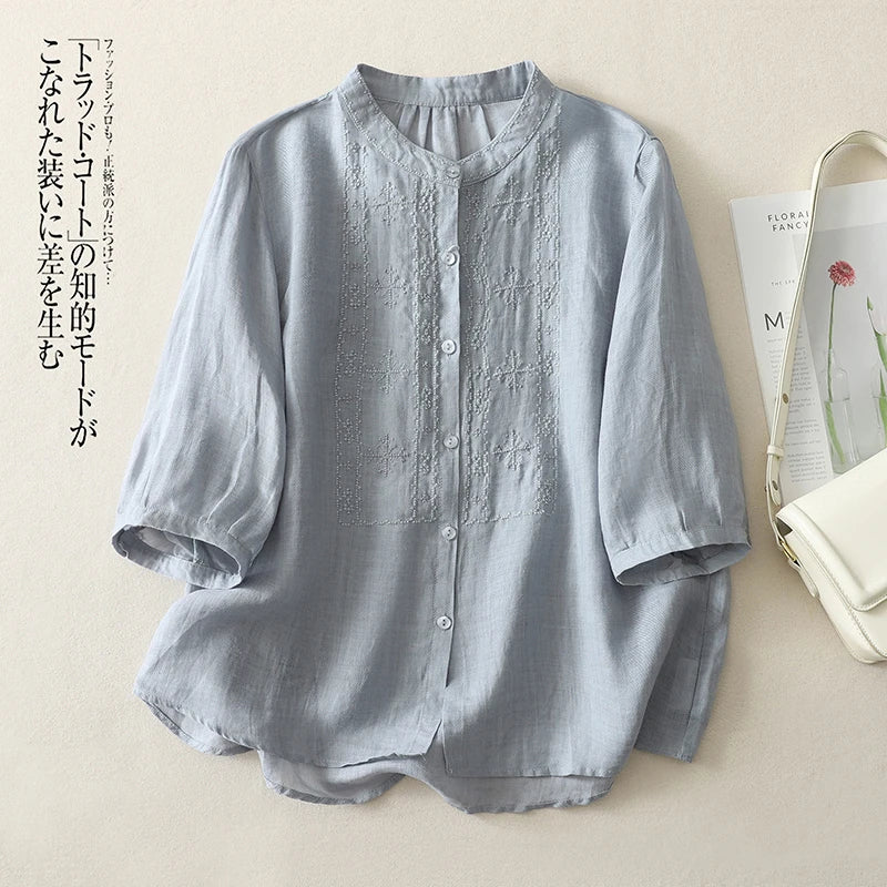 Chemise Col Mao Coupe Oversize en Coton & Lin Mi-Saison - Femme
