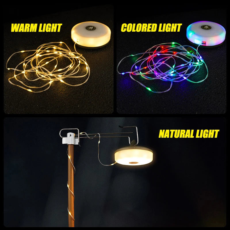 Lampe de camping 2 en 1 USB - Lampe de poche + Guirlande 10M - Lumière chaude & RVB