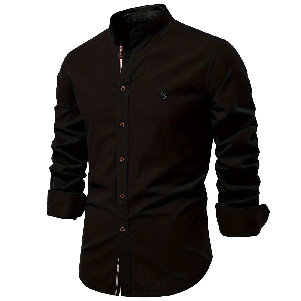 Chemise 100% Coton à Col Mao et Manches Longues - Homme