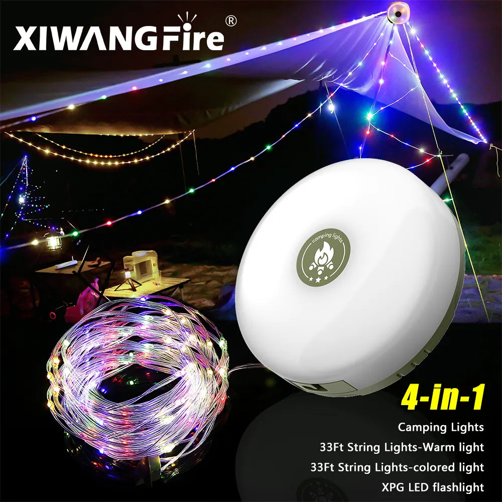 Lampe de camping 2 en 1 USB - Lampe de poche + Guirlande 10M - Lumière chaude & RVB