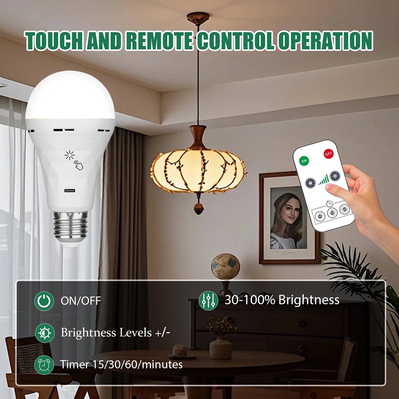 Ampoule LED E27 Rechargeable USB à Batterie Intégrée — Intensité Variable, Télécommande & Minuterie