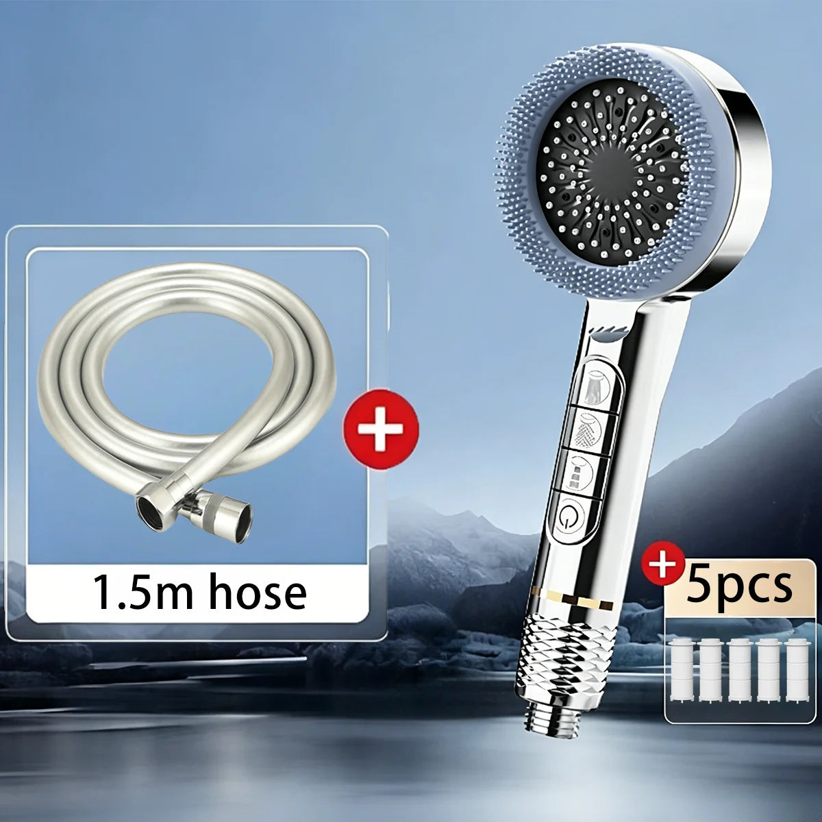 Pommeau de Douche Haute Pression avec Picots Exfoliants, 4 Modes de Jet, Bouton ON/OFF & Filtration – 5 Filtres OFFERTS