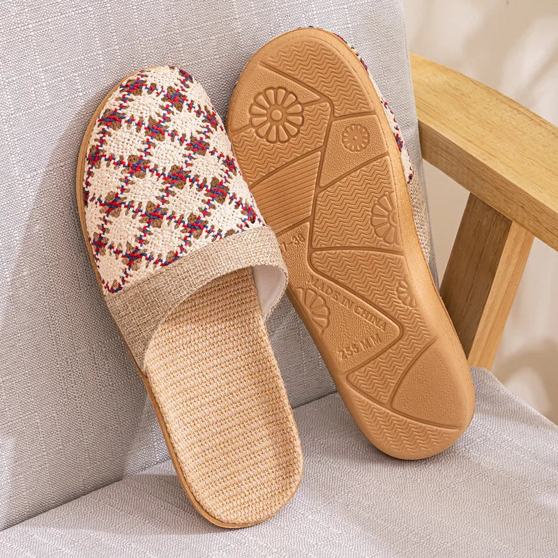Pantoufles d’Intérieur en Lin Style Oriental – Confort Respirant pour Femme et Homme