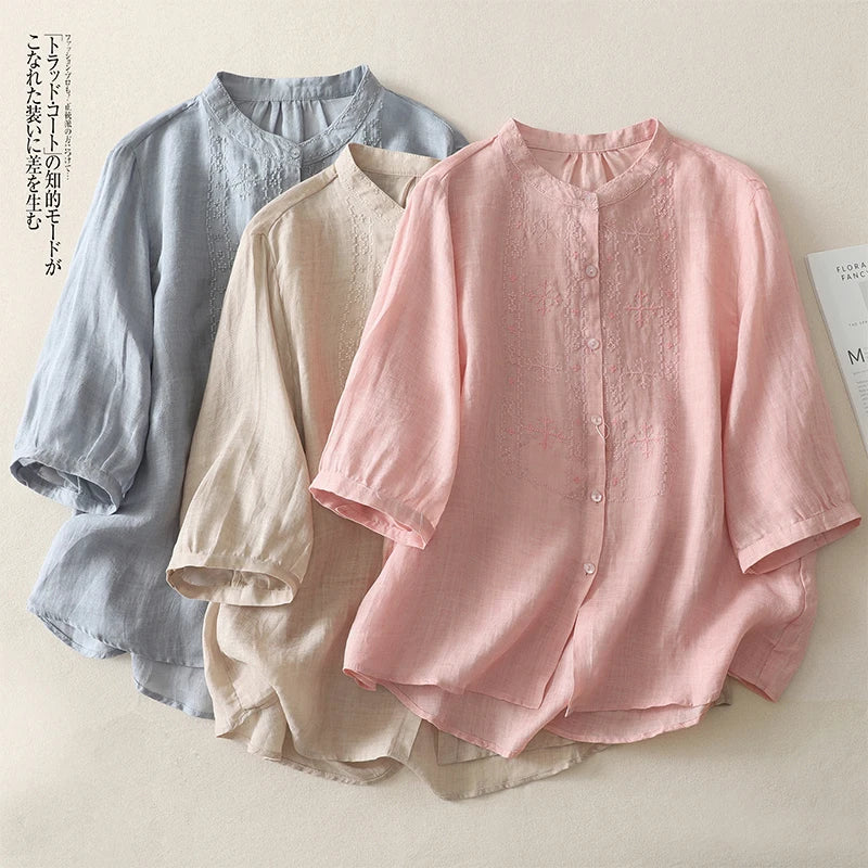 Chemise Col Mao Coupe Oversize en Coton & Lin Mi-Saison - Femme