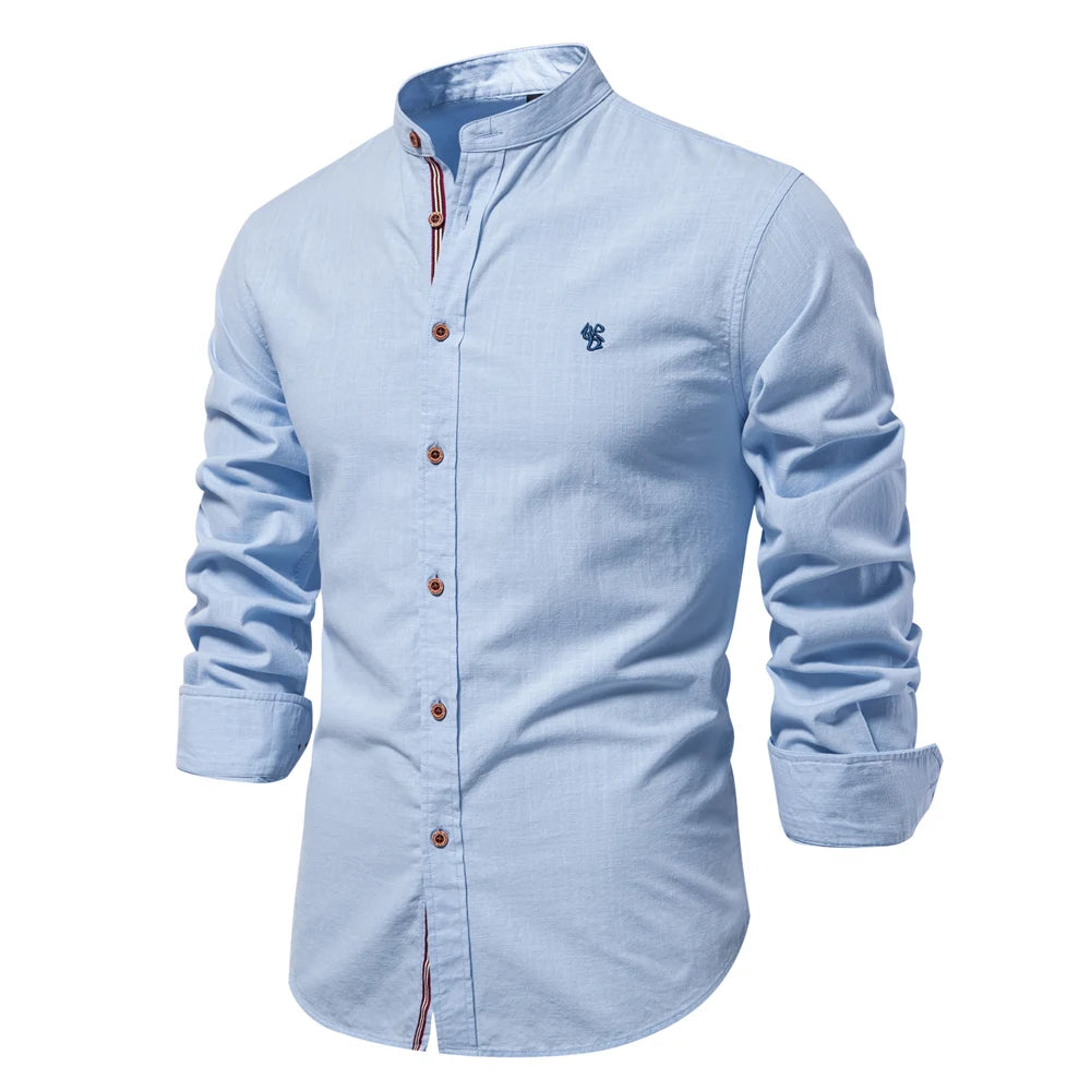 Chemise 100% Coton à Col Mao et Manches Longues - Homme