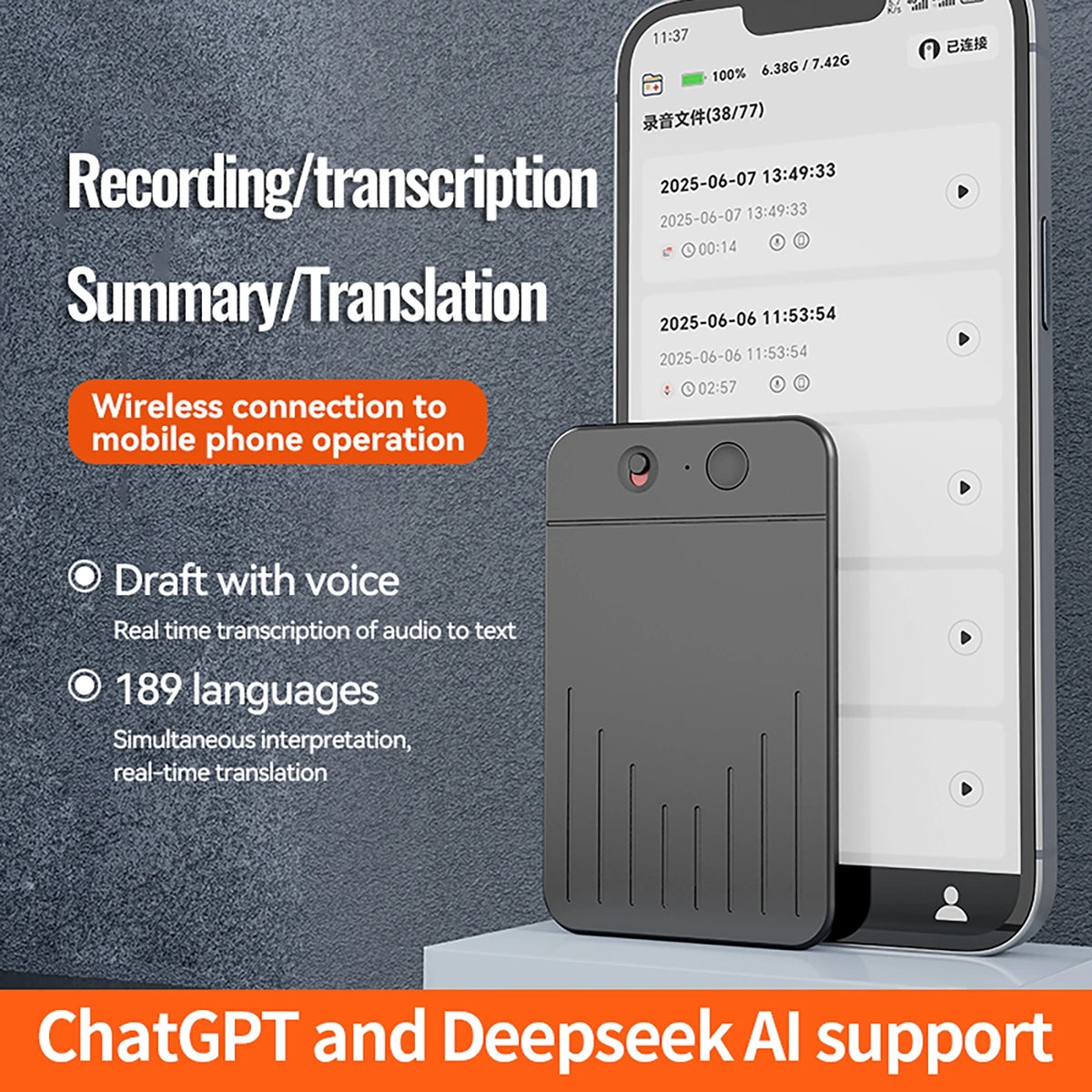 Enregistreur Vocal Intelligent IA avec Transcription & Traduction Compatible ChatGPT pour Discussion, Réunion, Appels – 8 à 256 Go