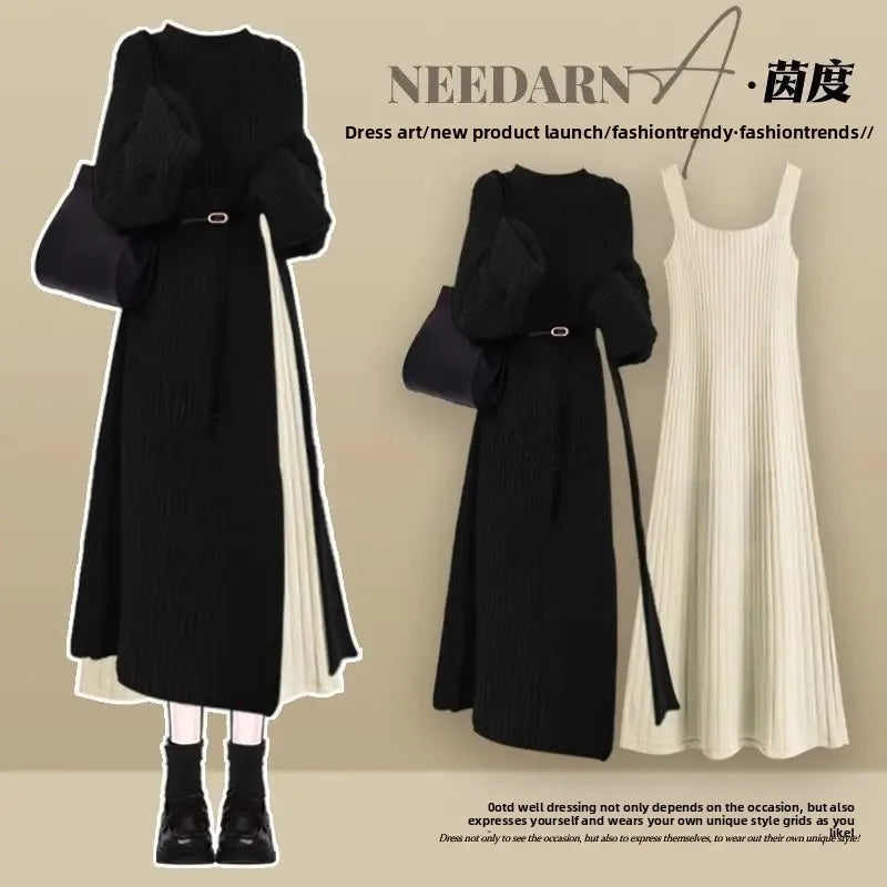 Robe Pull 2 en 1 en Tricot Casual & Chaud - Ensemble 2PCS