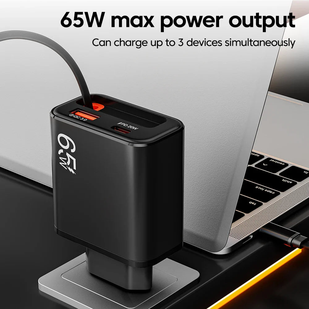 Chargeur Rapide 65W USB-C avec Câble Retractable