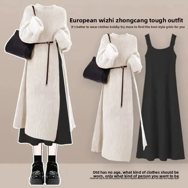 Robe Pull 2 en 1 en Tricot Casual & Chaud - Ensemble 2PCS