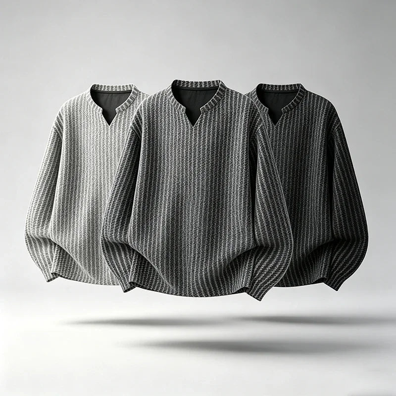 Haut Homme à Rayures Texturées – Col V, Manches Longues & Coupe Ample