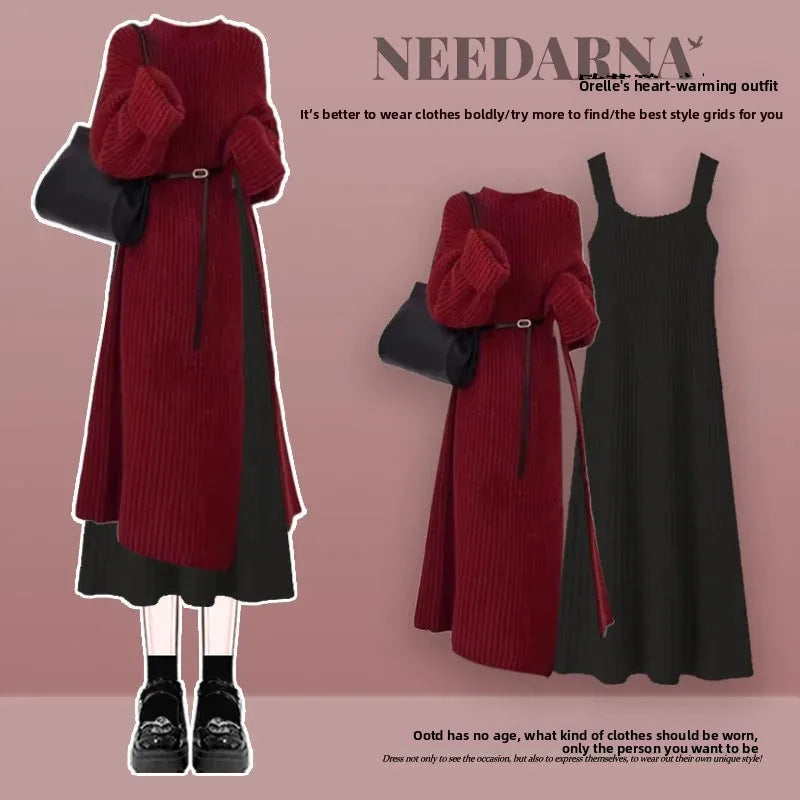 Robe Pull 2 en 1 en Tricot Casual & Chaud - Ensemble 2PCS