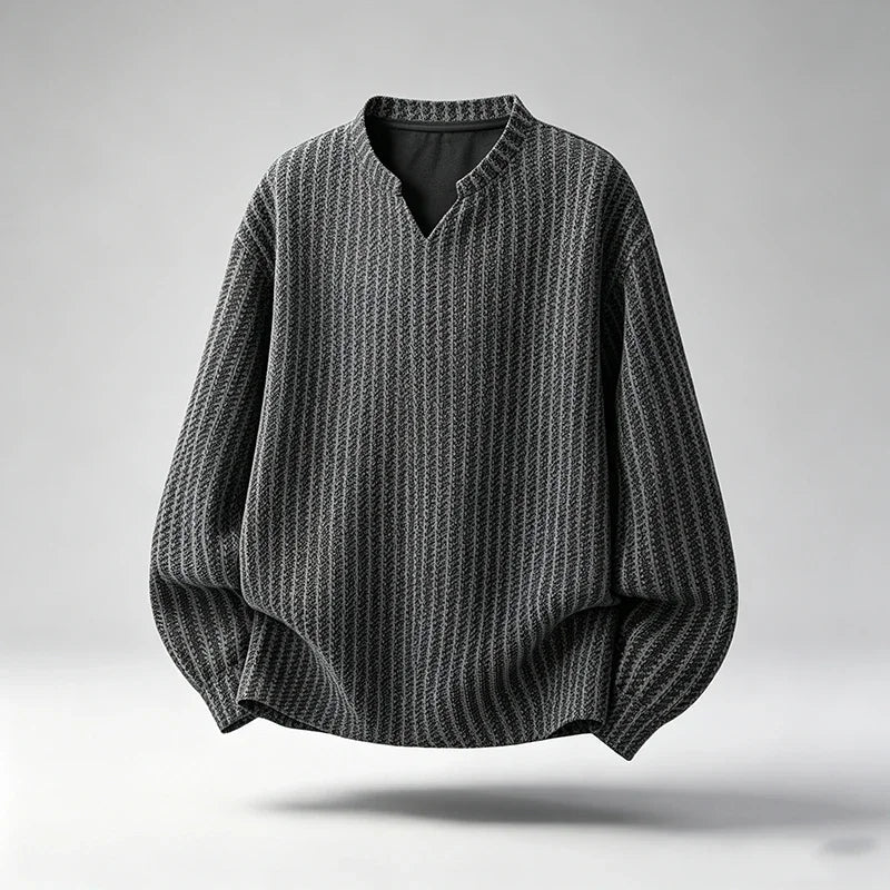 Haut Homme à Rayures Texturées – Col V, Manches Longues & Coupe Ample