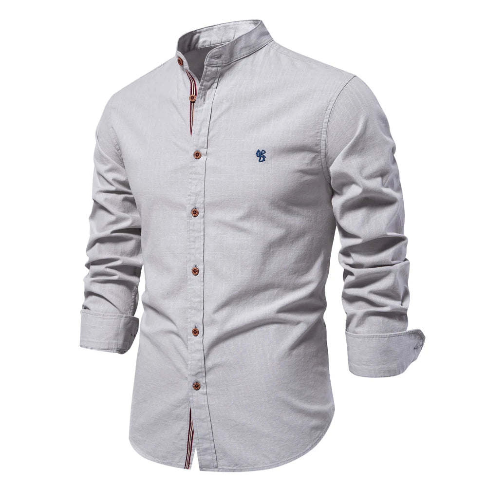Chemise 100% Coton à Col Mao et Manches Longues - Homme