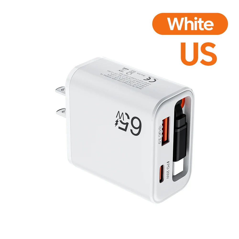 Chargeur Rapide 65W USB-C avec Câble Retractable
