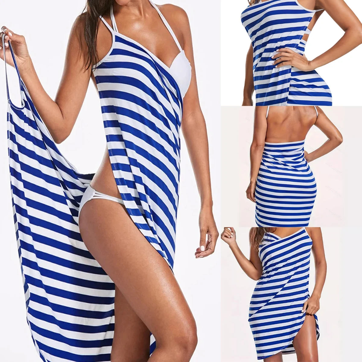 Robe de Plage Femme à Rayures – Design Croisé Facile à Enfiler pour Vacances et Été