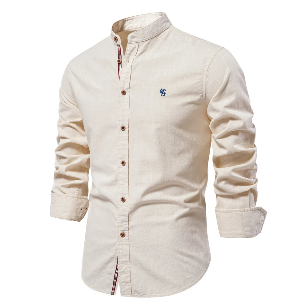 Chemise 100% Coton à Col Mao et Manches Longues - Homme