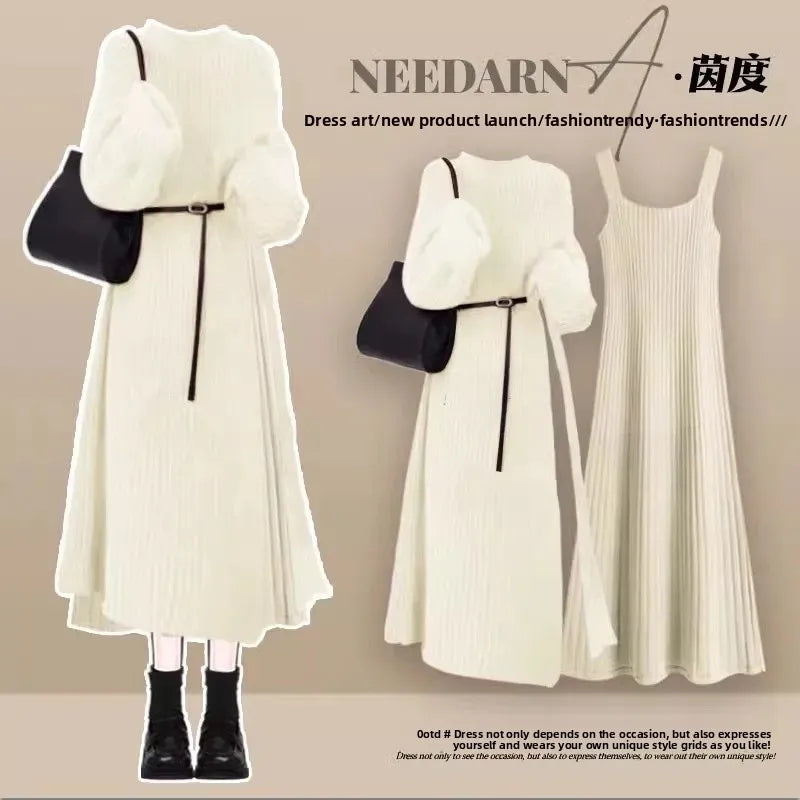 Robe Pull 2 en 1 en Tricot Casual & Chaud - Ensemble 2PCS
