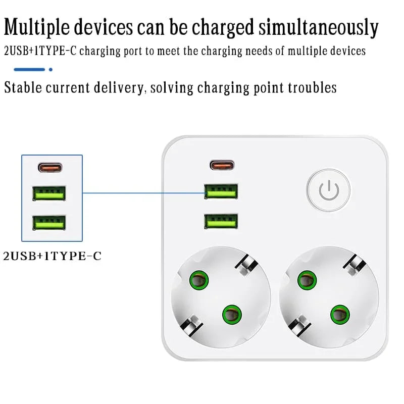 Multiprise Bouton ON/OFF - 2 prises/ 2 Ports USB/ 1 Port USB Type-C