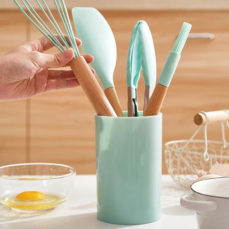 Ensemble d'ustensiles de cuisine Bois et Silicone - 12 pièces + Pot