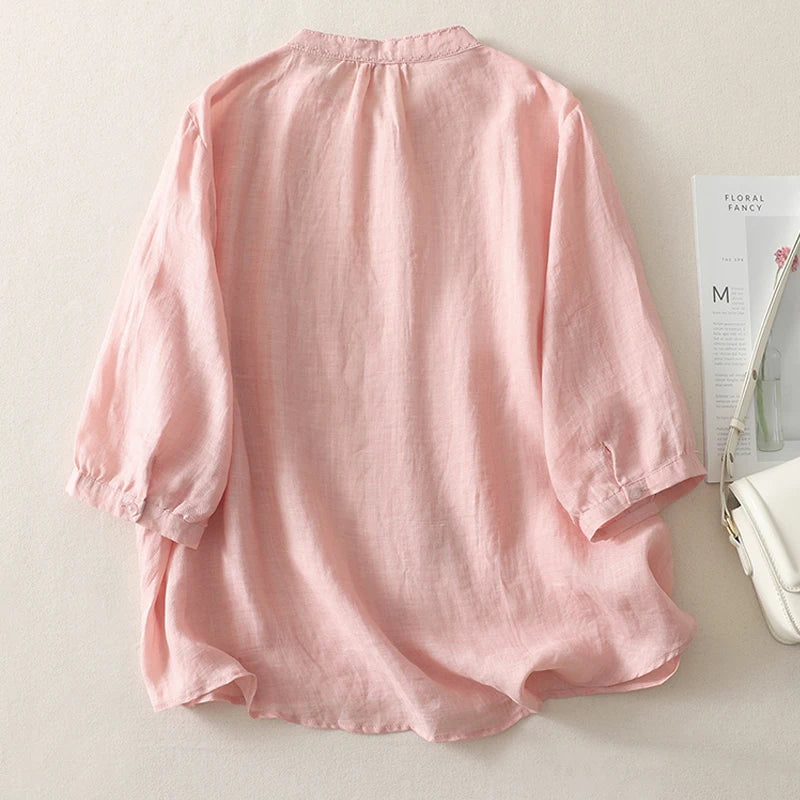 Chemise Col Mao Coupe Oversize en Coton & Lin Mi-Saison - Femme