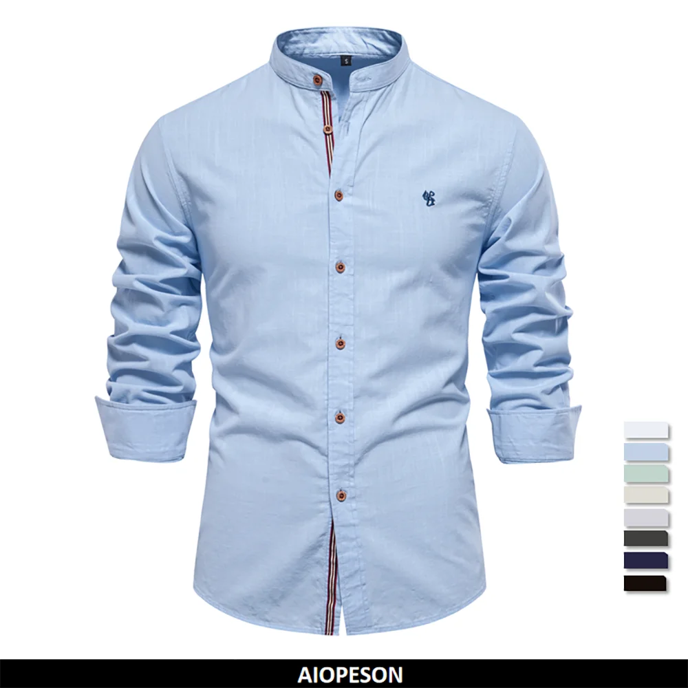 Chemise 100% Coton à Col Mao et Manches Longues - Homme