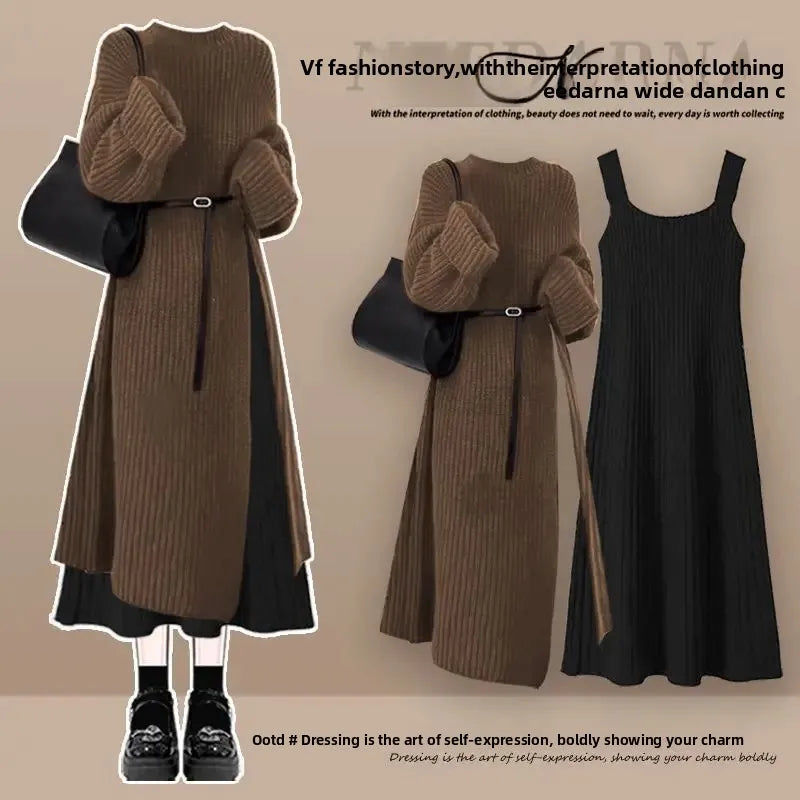 Robe Pull 2 en 1 en Tricot Casual & Chaud - Ensemble 2PCS