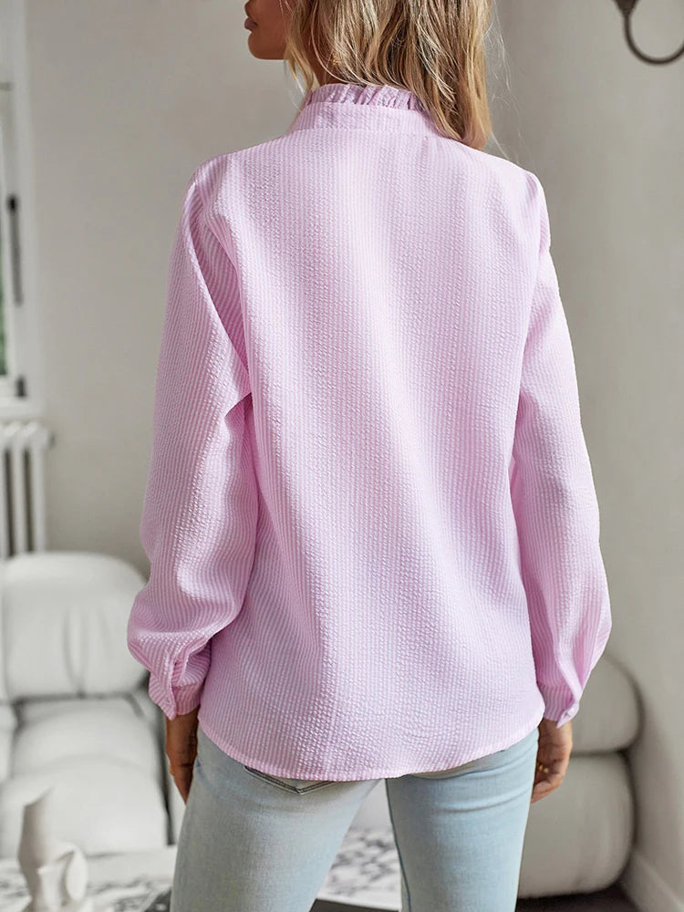 Chemise de bureau élégante à volants & fines rayures pour femme