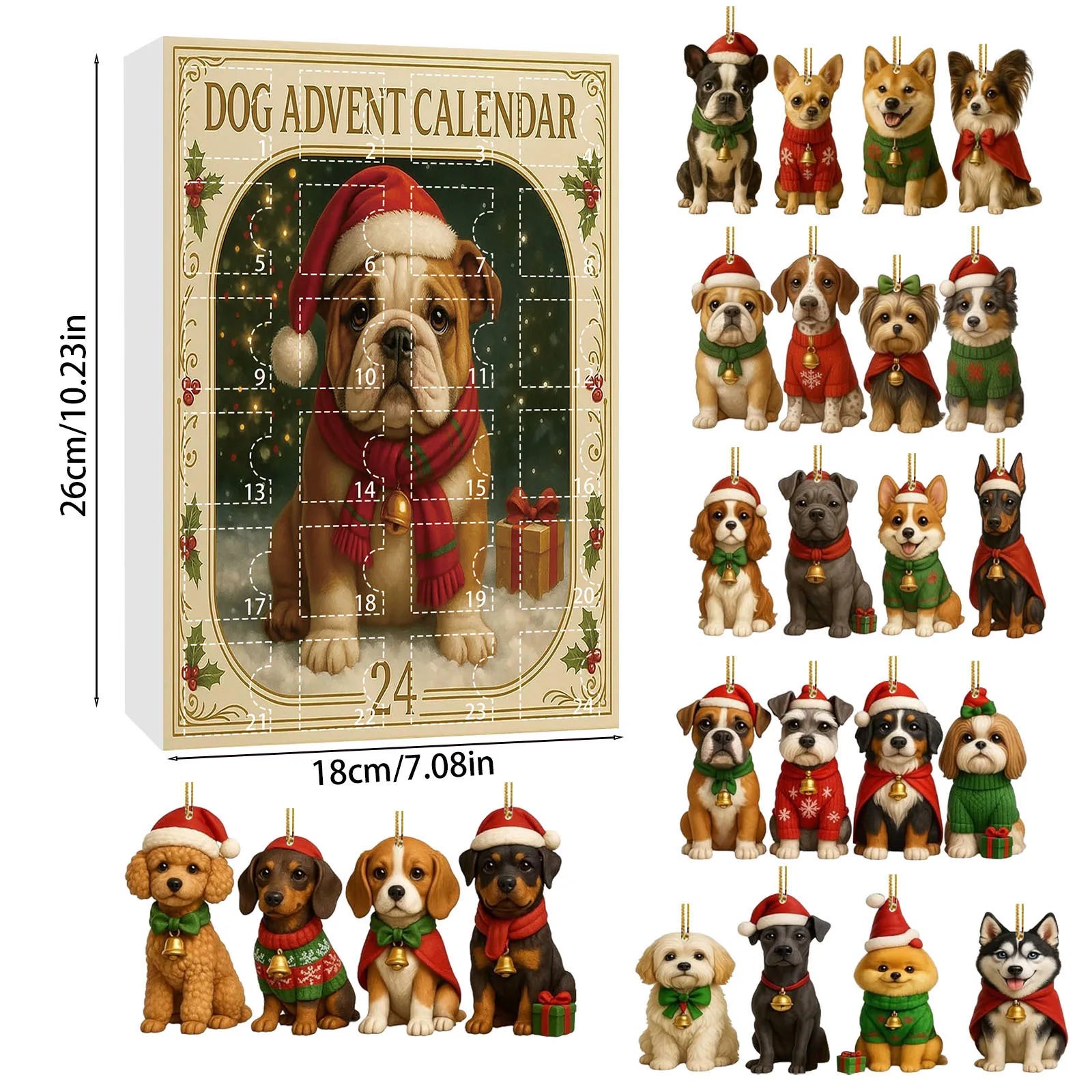 Calendrier de l'Avent 24 Ornements Chiens de Noël