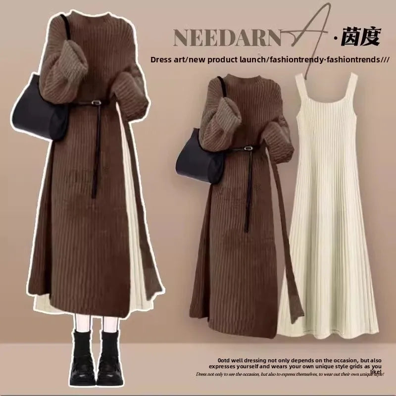 Robe Pull 2 en 1 en Tricot Casual & Chaud - Ensemble 2PCS
