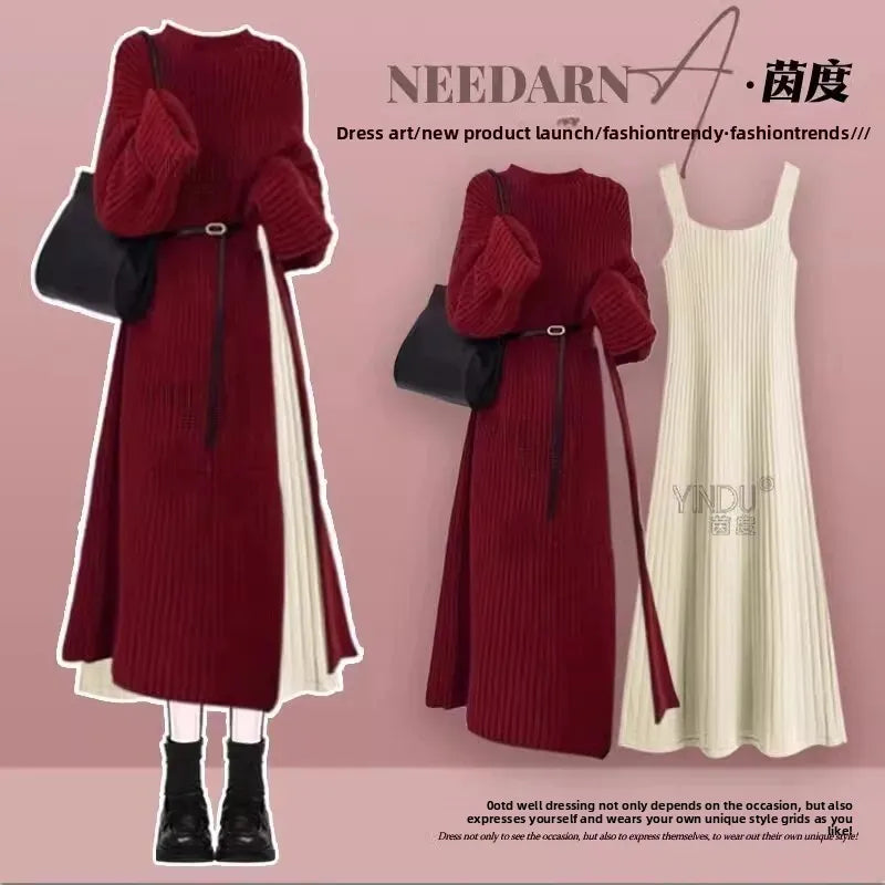 Robe Pull 2 en 1 en Tricot Casual & Chaud - Ensemble 2PCS
