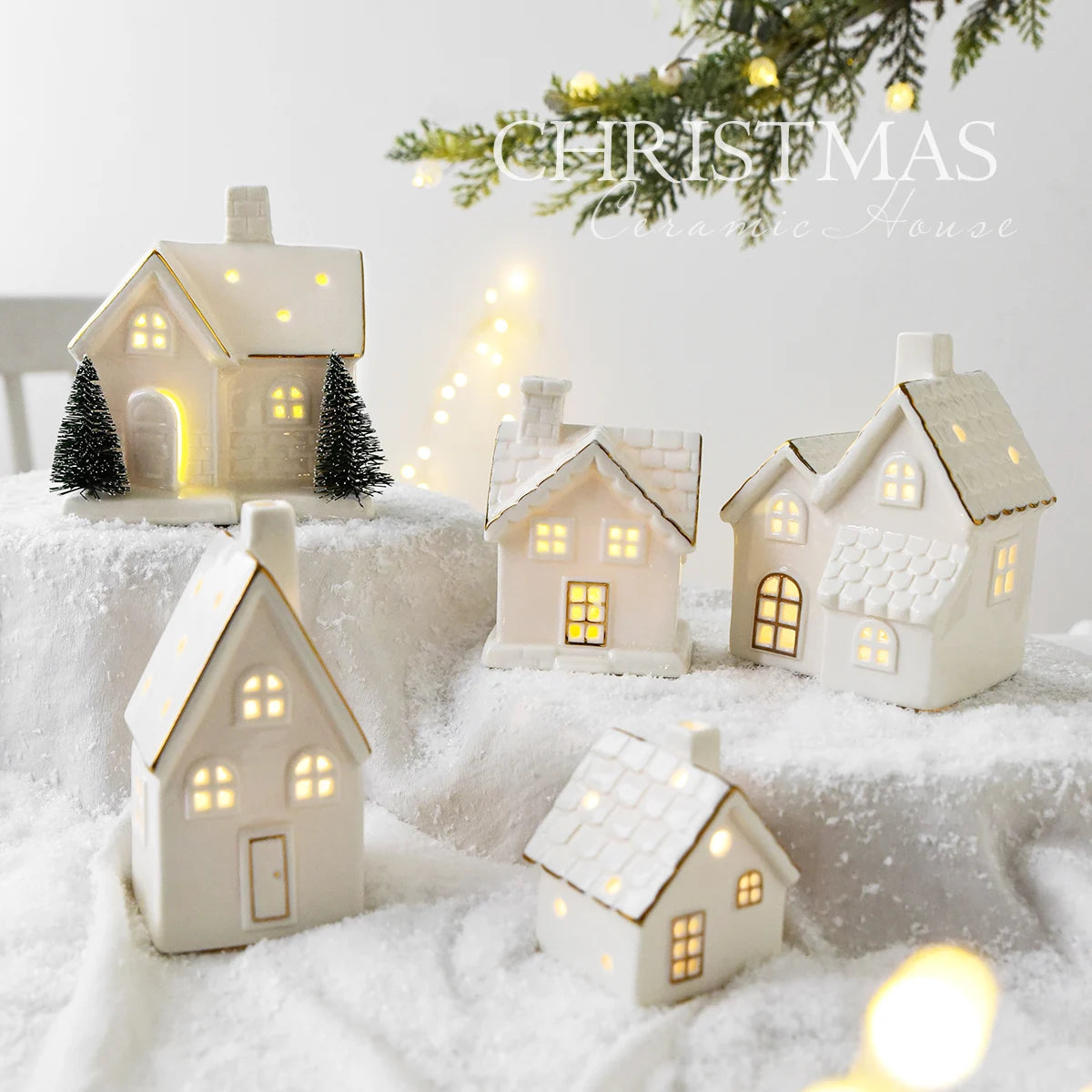 Maison de Noël en Céramique Blanche à LED