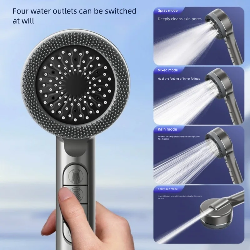 Pommeau de Douche Haute Pression avec Picots Exfoliants, 4 Modes de Jet, Bouton ON/OFF & Filtration – 5 Filtres OFFERTS