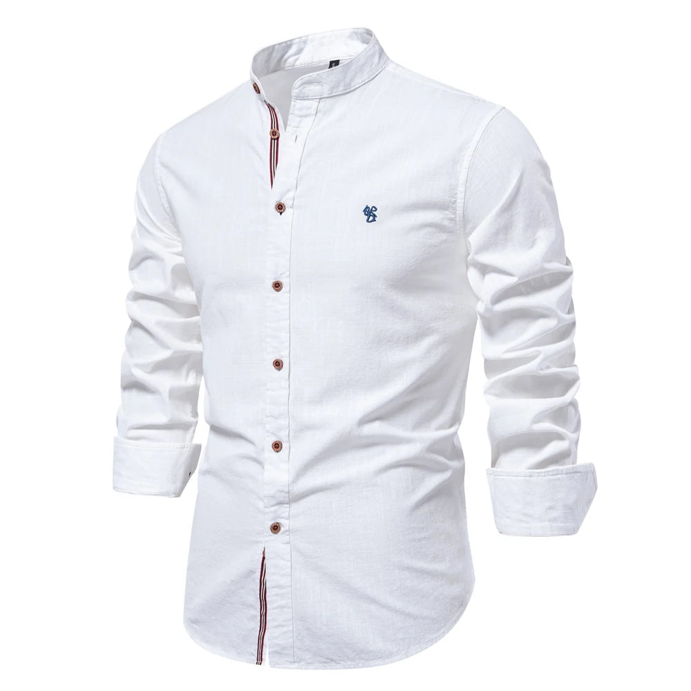 Chemise 100% Coton à Col Mao et Manches Longues - Homme