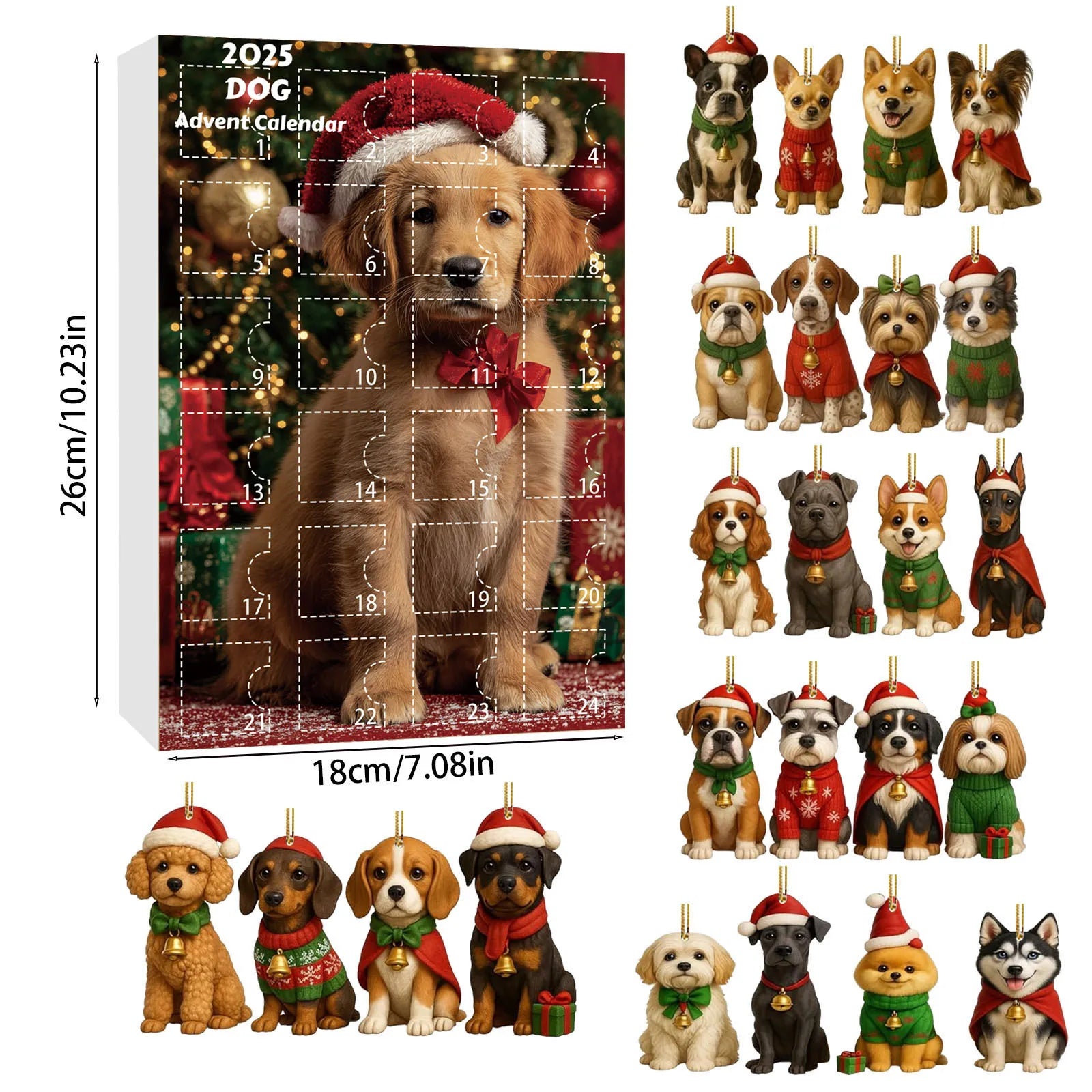 Calendrier de l'Avent 24 Ornements Chiens de Noël