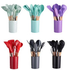 Ensemble d'ustensiles de cuisine Bois et Silicone - 12 pièces + Pot