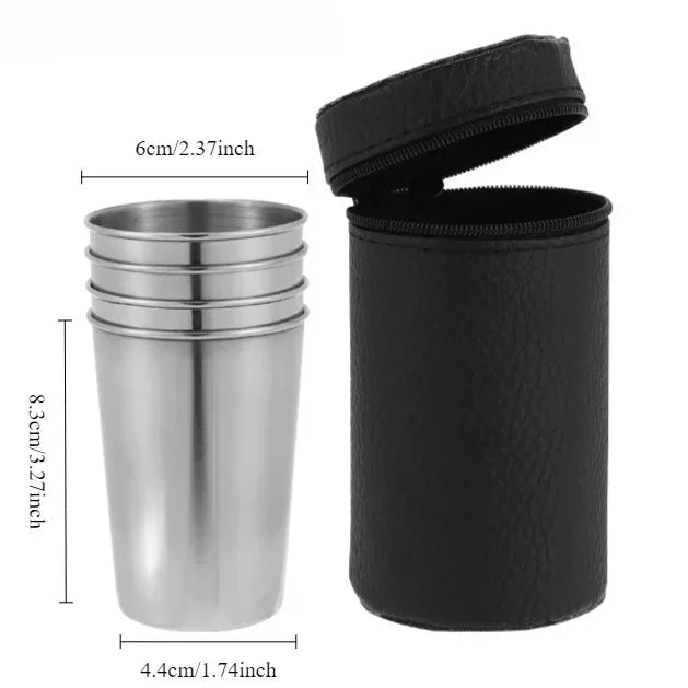 4x Verres de Camping en Acier Inoxydable + Pochette de rangement en Cuir PU OFFERTE