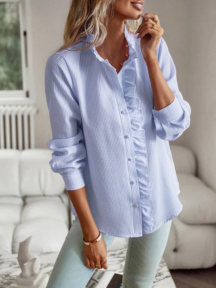 Chemise de bureau élégante à volants & fines rayures pour femme