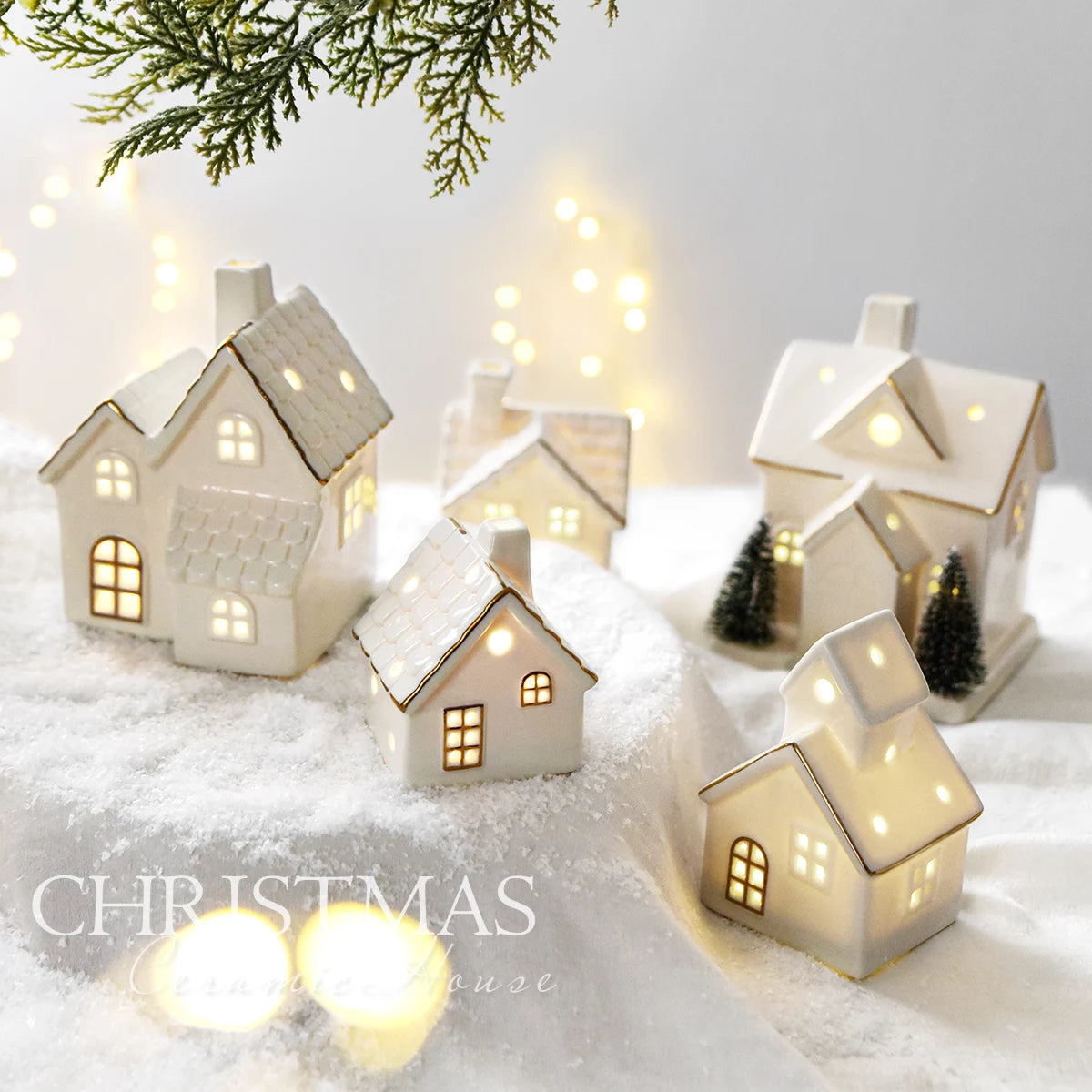Maison de Noël en Céramique Blanche à LED