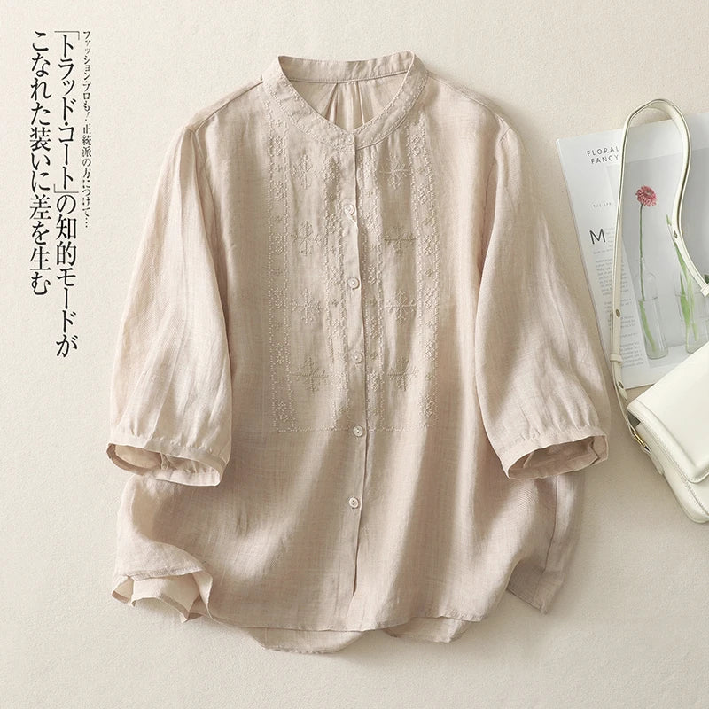 Chemise Col Mao Coupe Oversize en Coton & Lin Mi-Saison - Femme
