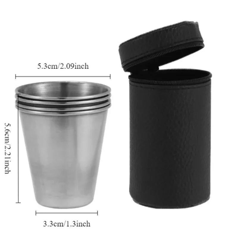 4x Verres de Camping en Acier Inoxydable + Pochette de rangement en Cuir PU OFFERTE