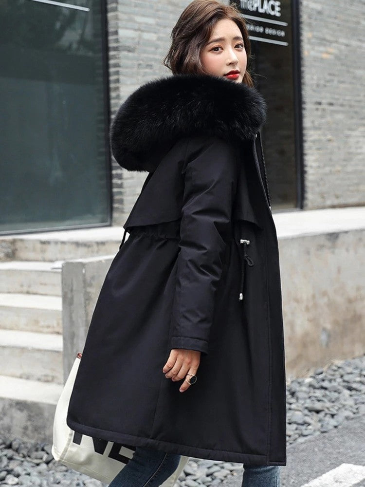 Parka mi longue doublée à capuche fausse fourrure